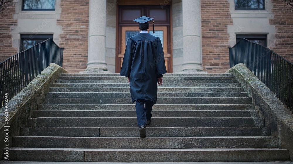 Graduate Walking Up the Steps to a University Building Stock ...