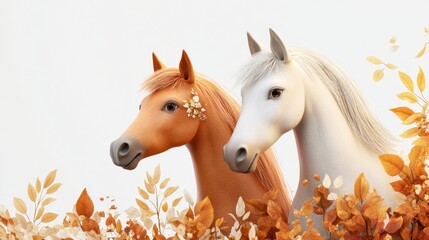 Sticker - Two stylized horses amidst autumn leaves, showcasing a serene and artistic atmosphere.