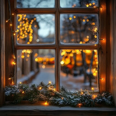 Poster - A cozy winter scene viewed through window, adorned with festive lights and snow covered greenery, evokes warm holiday spirit. soft glow of lights creates magical atmosphere