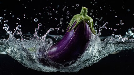 Wall Mural - An eggplant splashes into water, creating dynamic droplets and ripples.