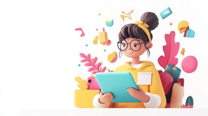 Wall Mural - A stylized character with glasses reading a tablet, surrounded by colorful shapes and plants.