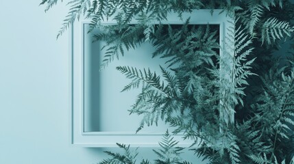 Sticker - A minimalist frame surrounded by lush ferns on a soft blue background.