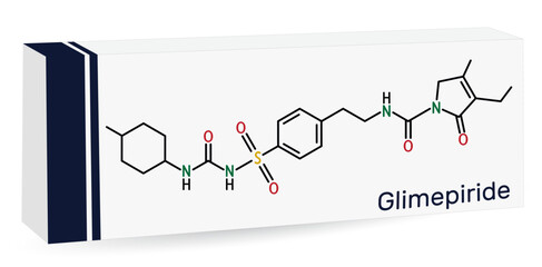 Sticker - Glimepiride molecule. It is sulfonylurea drug used to treat type 2 diabetes. Skeletal chemical formula. Paper packaging for drugs. Vector