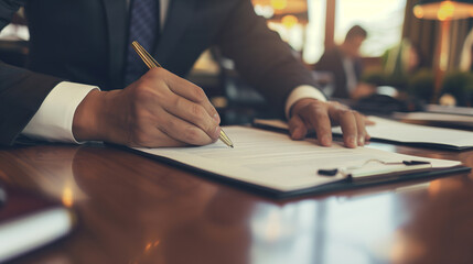 Confident businessman signing a contract with a focus on price guarantees and financial security, with blurred background financial documents symbolizing business stability.

