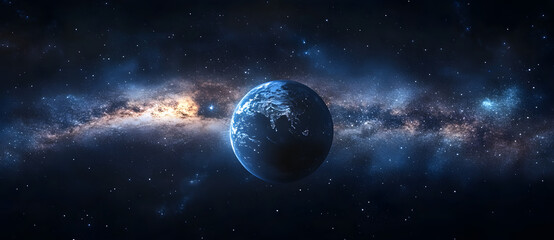 Wall Mural - image of planet earth lit by the sun and the milky way in a galaxy-style background.