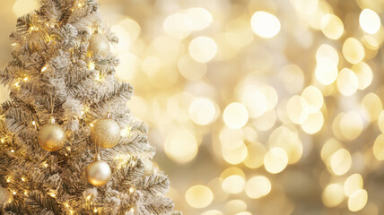 Poster - A beautifully decorated Christmas tree adorned with golden ornaments and twinkling lights creates warm and festive atmosphere. soft bokeh background enhances holiday spirit