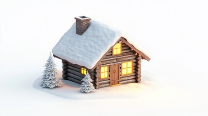 Sticker - A cozy log cabin surrounded by snow, featuring warm glowing windows.