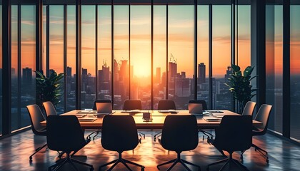 Poster - Dynamic abstract boardroom scene with double exposure, showcasing brainstorming and collaboration against a sunset cityscape backdrop for corporate innovation and teamwork