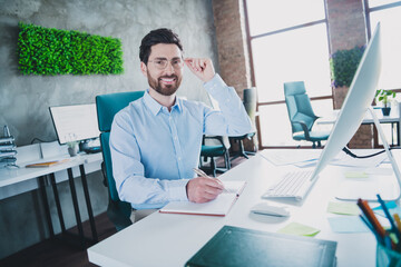 Sticker - Photo of successful elegant man sit chair write notebook wear shirt loft interior modern office indoors