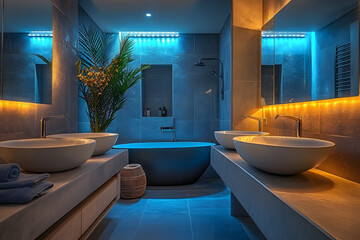 Wall Mural - The bathroom features a gray marble surface, LED lighting, double sinks, and a freestanding bathtub