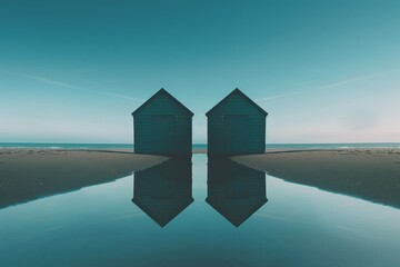 Two beach huts on the shore of an empty ocean, symmetrical