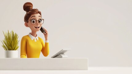 Wall Mural - A cheerful woman in glasses at a desk, talking on the phone with a plant nearby.