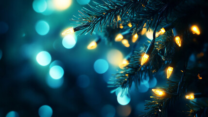 Poster - Bright and colorful Christmas lights illuminate festive tree, creating warm and joyful atmosphere. soft bokeh effect enhances magical feel of holiday season