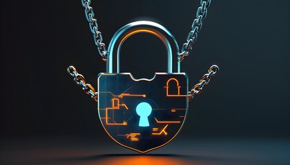 Futuristic digital padlock symbol with chain representing advanced cybersecurity and data protection technology in a modern business environment