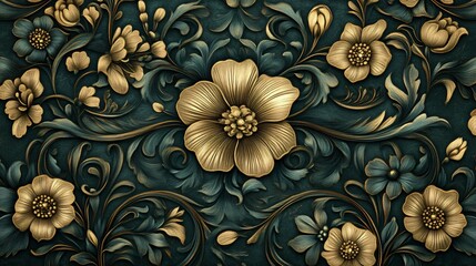 A close-up of a beautiful and intricate floral pattern with gold leaves and flowers on a deep teal background.