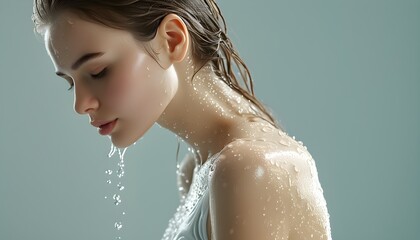 Wall Mural - Calm studio scene featuring a woman engaging in a skincare routine with water drops, emphasizing hydration and freshness for enhanced wellness and vitality