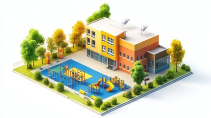 Poster - A colorful school building with a playground, designed for children's recreation and learning.