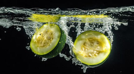 Poster - Two halved melons splashing into water, showcasing freshness and vitality.