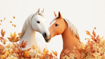 Sticker - Two stylized horses in a warm autumn setting surrounded by colorful leaves.