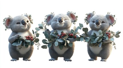 Sticker - Three cheerful koalas holding branches with leaves and berries, showcasing a playful vibe.