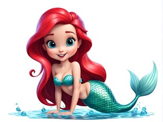 Cute little Mermaid Cartoon 3D illustration. White background