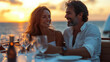 © NILSEN Studio - A couple enjoying a romantic dinner on a boat during sunset, laughing and engaging over wine, with the ocean as their backdrop.