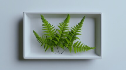 Sticker - A minimalistic arrangement of green ferns in a white rectangular dish.