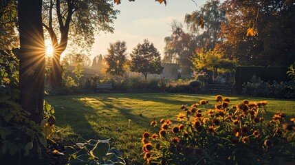 Wall Mural - Autumn_Morning_sunrise_Garden_beautiful_nature