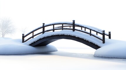 Sticker - A serene wooden bridge covered in snow, set in a tranquil winter landscape.