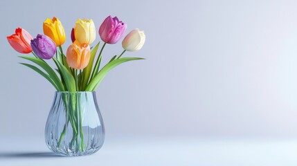 Sticker - A vibrant bouquet of tulips in a clear vase against a soft background.