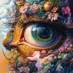 Wall Mural - A surreal eye adorned with vibrant flora and fauna, blending nature and vision.