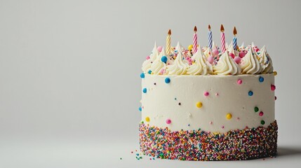 A beautifully decorated birthday cake with sprinkles and icing, displayed on a plain white background for a minimalist yet festive vibe