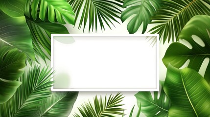 Sticker - A decorative frame surrounded by various green tropical leaves for design purposes.