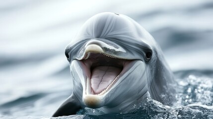 Sticker - A close-up of a dolphin with its mouth open, showcasing its playful nature in the water.