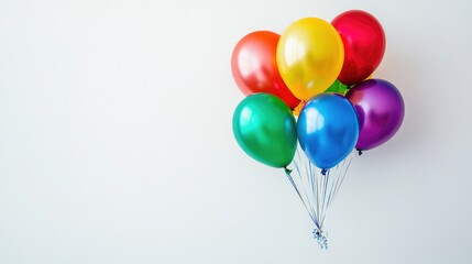 A bunch of rainbow-colored balloons tied together, set on a clean white background to convey happiness and festivity