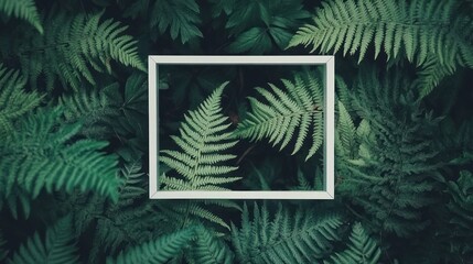 Sticker - A white frame surrounded by lush green ferns, emphasizing nature's beauty.