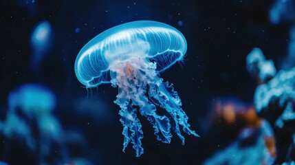 A close-up of a jellyfish floating gracefully in an aquarium tank, with soft blue lighting highlighting its translucent body.