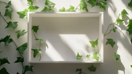 Sticker - A minimalist shelf surrounded by green ivy, creating a serene, natural ambiance.