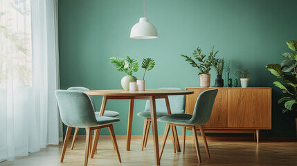 Chairs and wooden table in green Scandinavian-inspired living room, Interior of modern living room with green wall, sofa and coffee table.