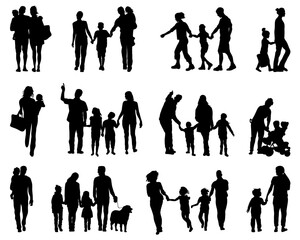 Wall Mural - Black silhouettes of families in walk on a white background	