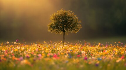 Wall Mural - A solitary tree stands amidst a vibrant field of colorful wildflowers at sunset.