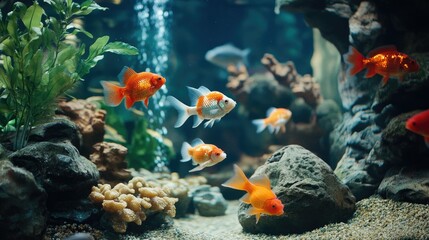 A group of exotic fish swimming peacefully inside a well-lit aquarium, surrounded by rocks, plants, and artificial coral.