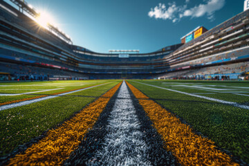 Empty stadium awaits the thrill of the Super Bowl, with vibrant green turf and lines marking the field, capturing the essence of excitement before kickoff and the gathering crowd