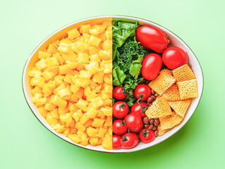 Sticker - A bowl of food is divided into two halves, one half is filled with vegetables