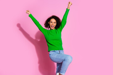 Sticker - Photo of cheerful positive cute woman wear green stylish clothes rejoice success isolated on pink color background