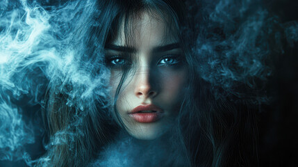 Sticker - Dark Fantasy Portrait of Sensual Woman with Flowing Hair Veiled in Smoke.