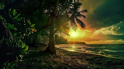 Wall Mural - Beach_Sunset_Green_Forest_lphone_wallpaper