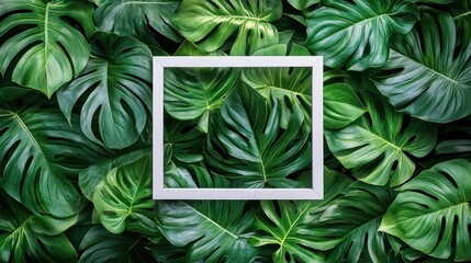 Sticker - A white frame surrounded by lush green leaves, creating a natural, artistic display.