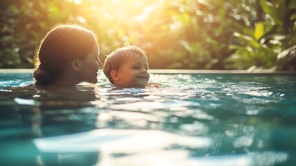 Wall Mural - Generative AI Image Beautiful Mother with Child Swimming Pool with Smile Happy Expression