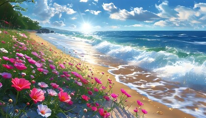 Wall Mural - Serene beach paradise with shining sun, crashing waves, and blooming flowers, creating an idyllic atmosphere for relaxation and enjoyment of natures beauty